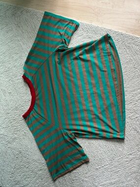 Ladies Striped Teal Green & Brown Boxy Cropped Tee with Red Trim